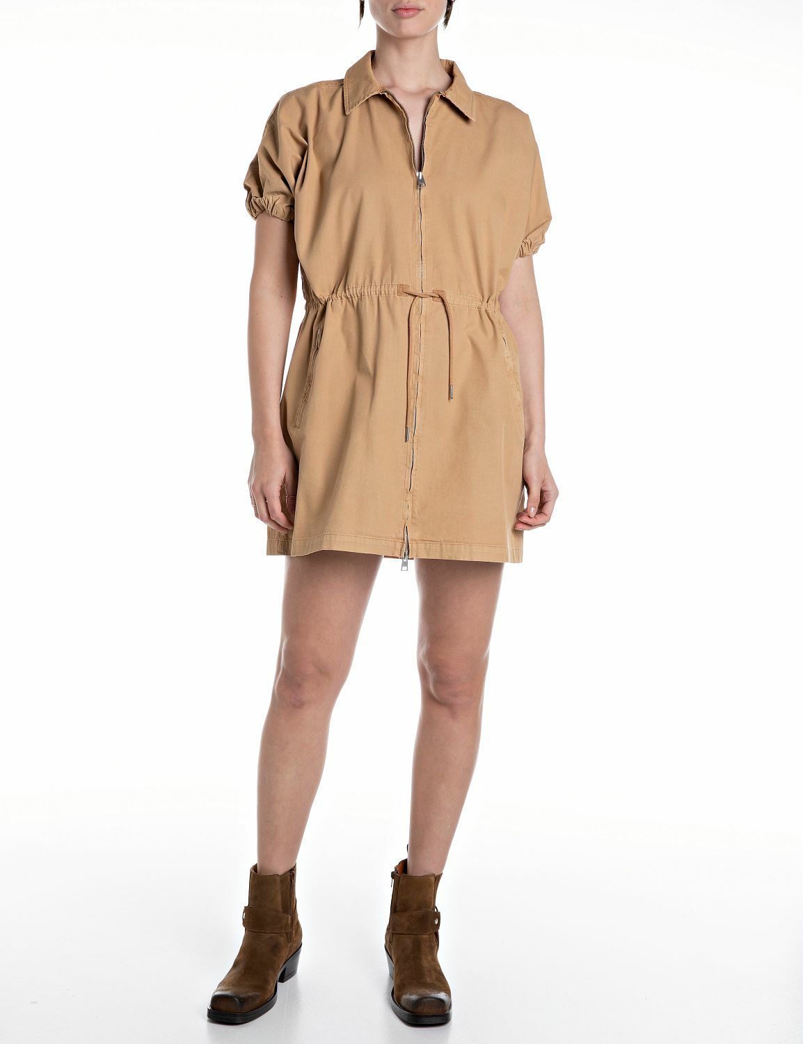 卡其色雙開拉鍊抽繩短袖洋裝