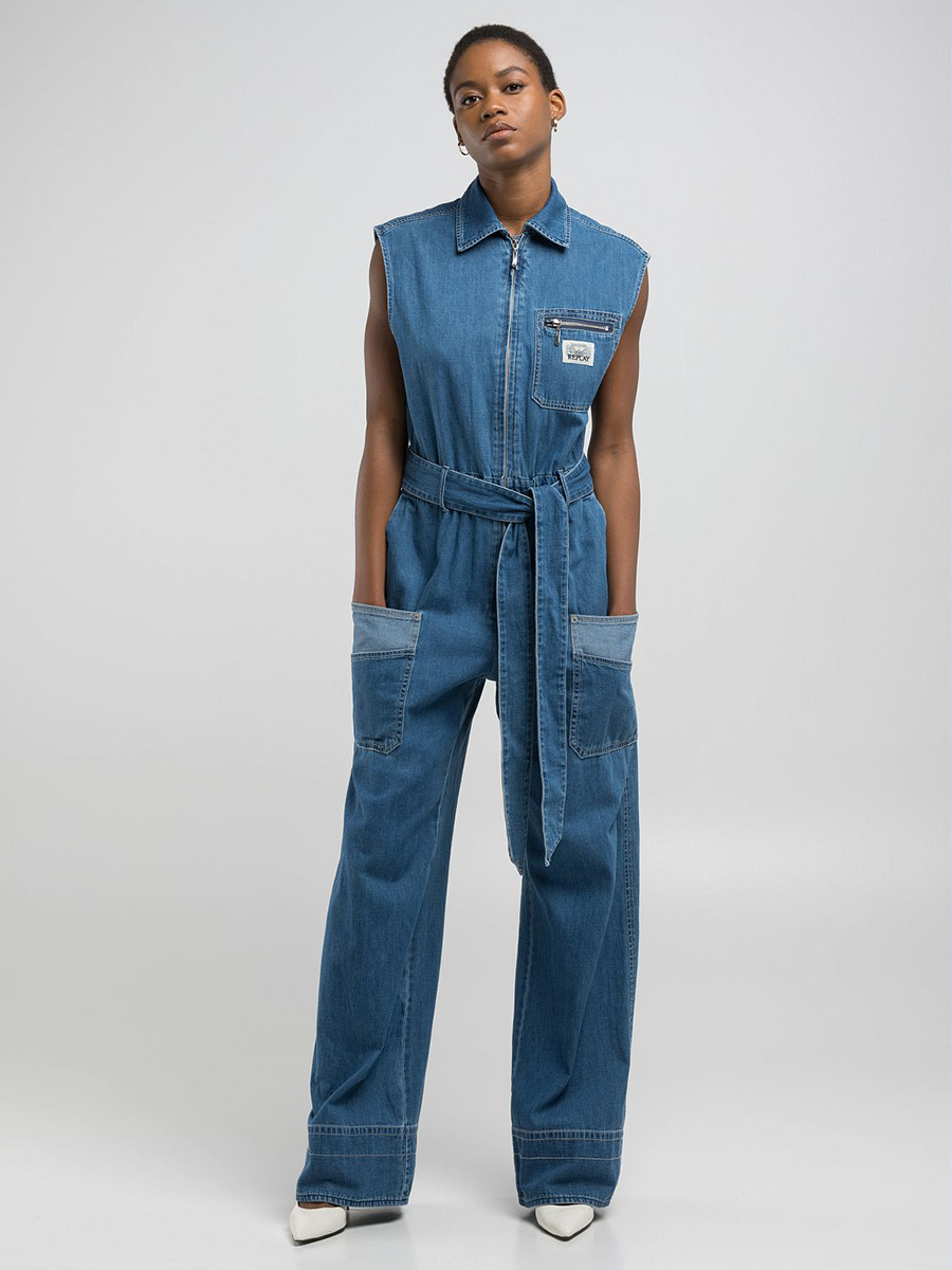 寬版撞色大口袋丹寧牛仔連身褲裝