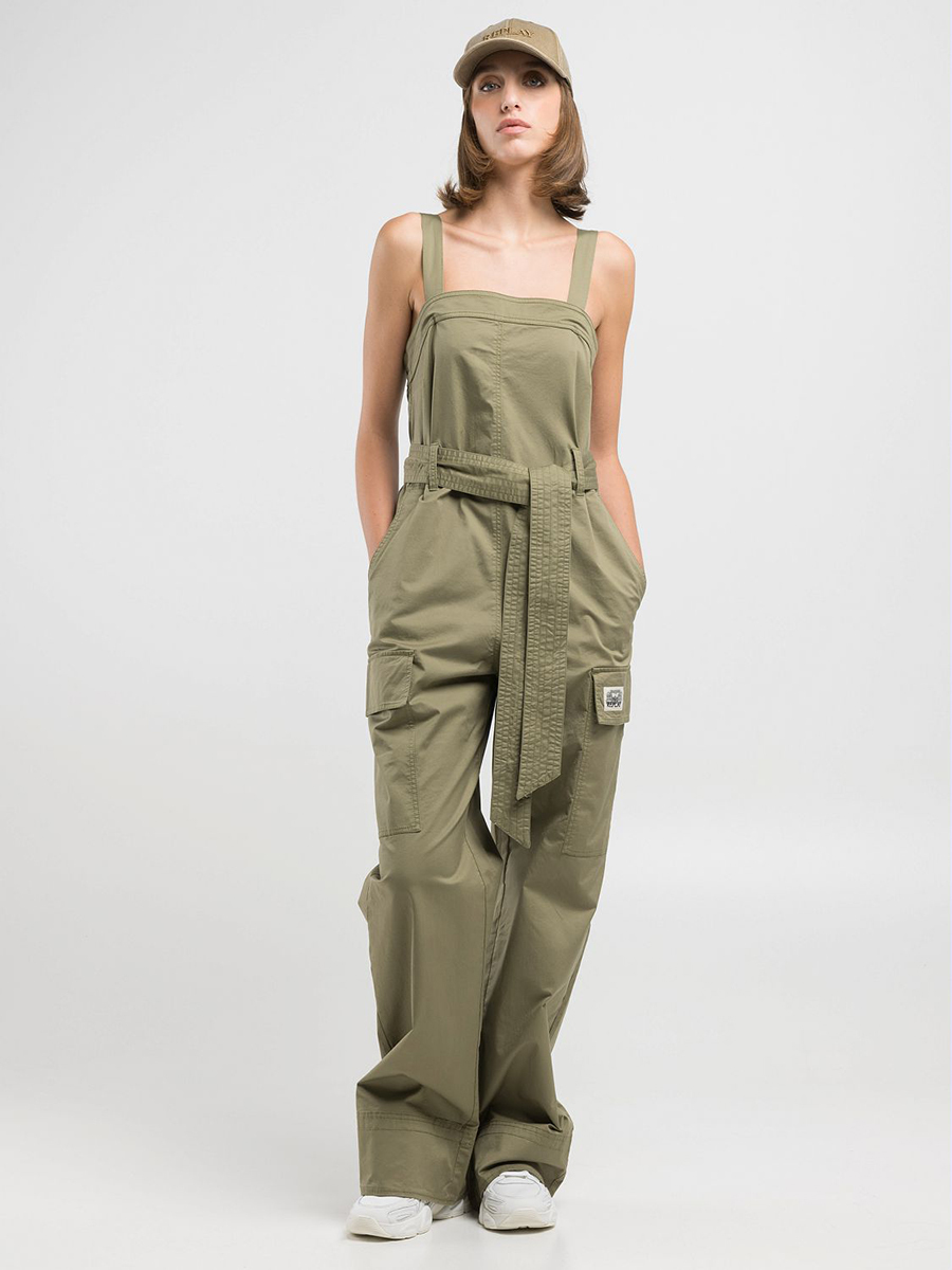 軍綠色寬帶背心多口袋連身褲