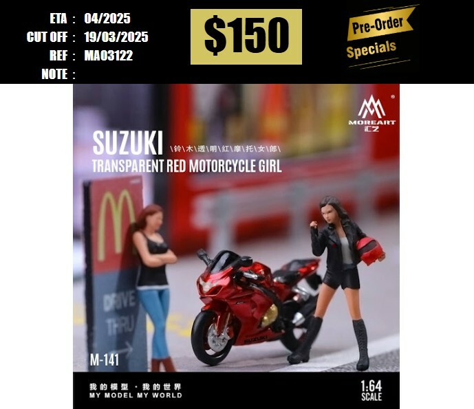 PO-$150 * MOREART * 1:64 FIGURE - SUZUKI TRANSPARENT RED MOTORCYCLE GIRL [OD12/03]