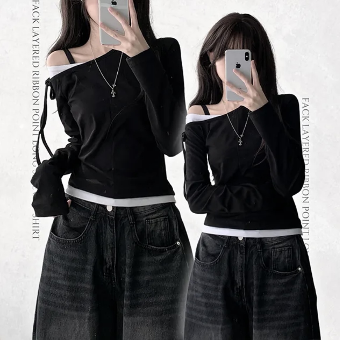 【優惠價預訂】韓國layer露單肩綁繩長袖上衣（4色）