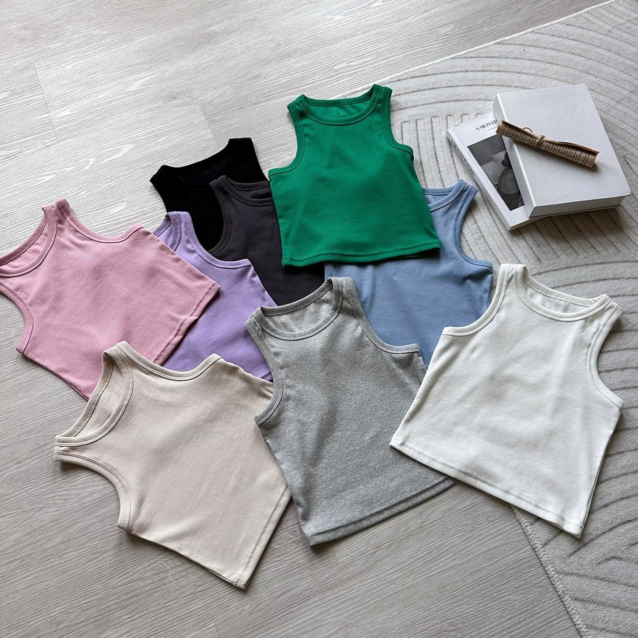 韓國短袖 彈性短版螺紋削肩背心 18760