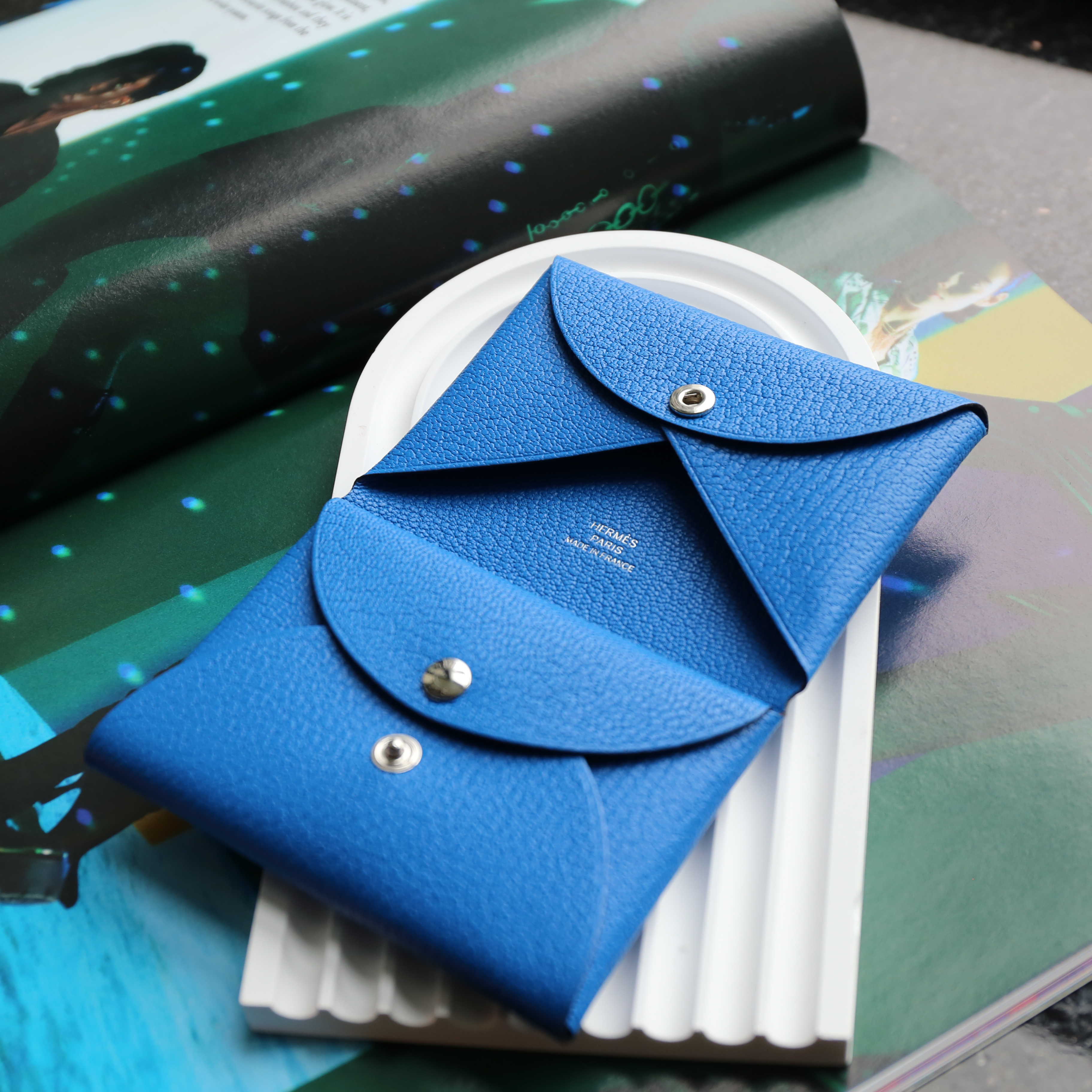 Hermes Calvi CardHolder Duo (Chevre Mysore leather Blue Hydra Color)