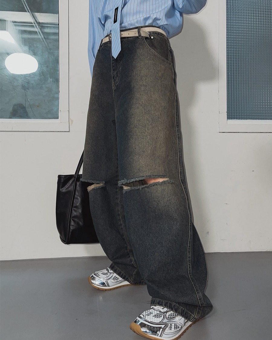 (韓國獨家特價)交叉損傷綁帶牛仔褲