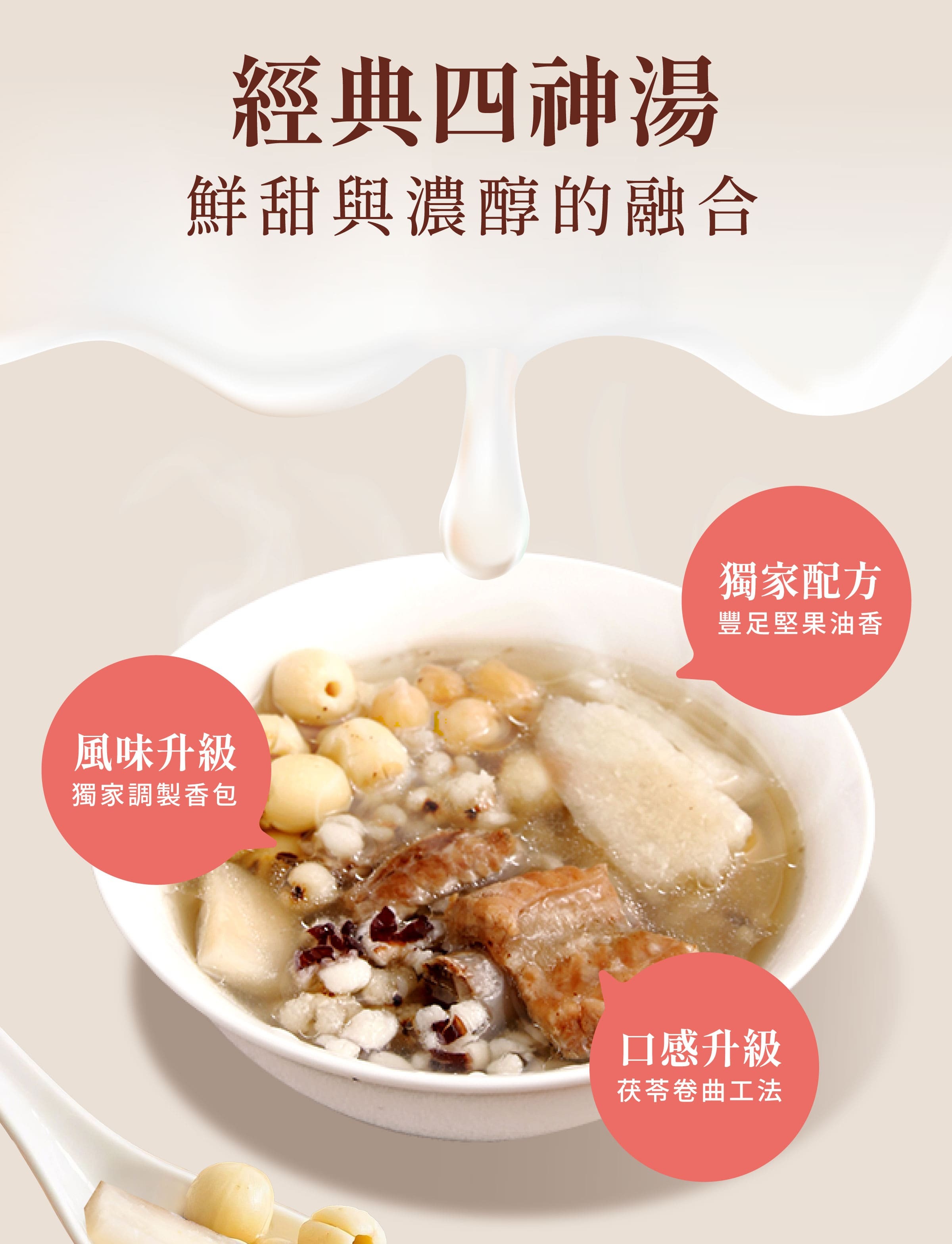 登義經典四神湯藥膳包特色，獨家調製香包、堅果油香，口感升級