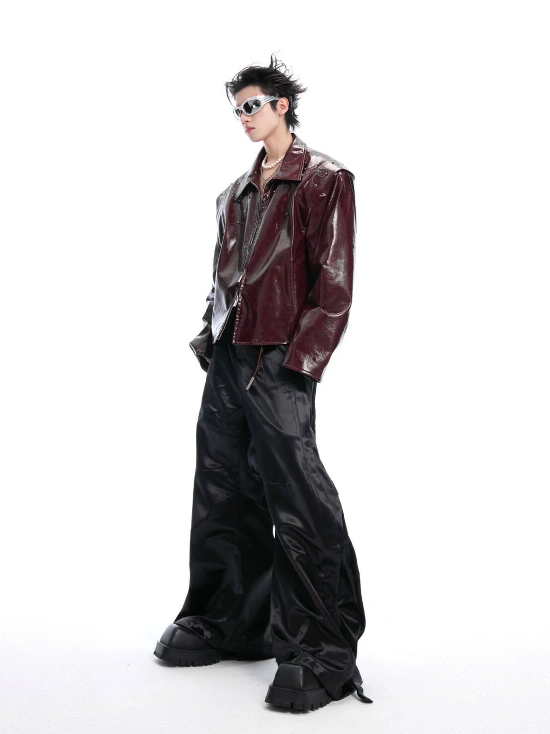 ARGUE 脊骨 铆丁 刺繡 亮面 #皮外套