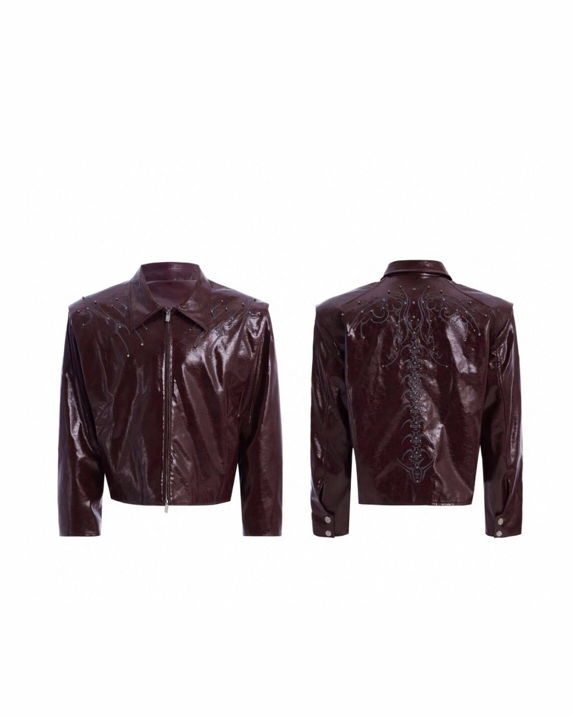 ARGUE 脊骨 铆丁 刺繡 亮面 #皮外套