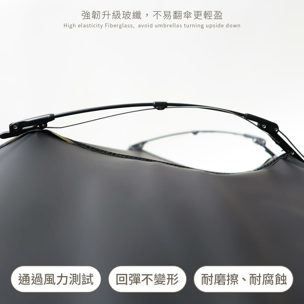 強韌升級玻璃纖維,不易翻傘更輕盈,回彈不變形,通過風力測試,耐摩擦腐蝕