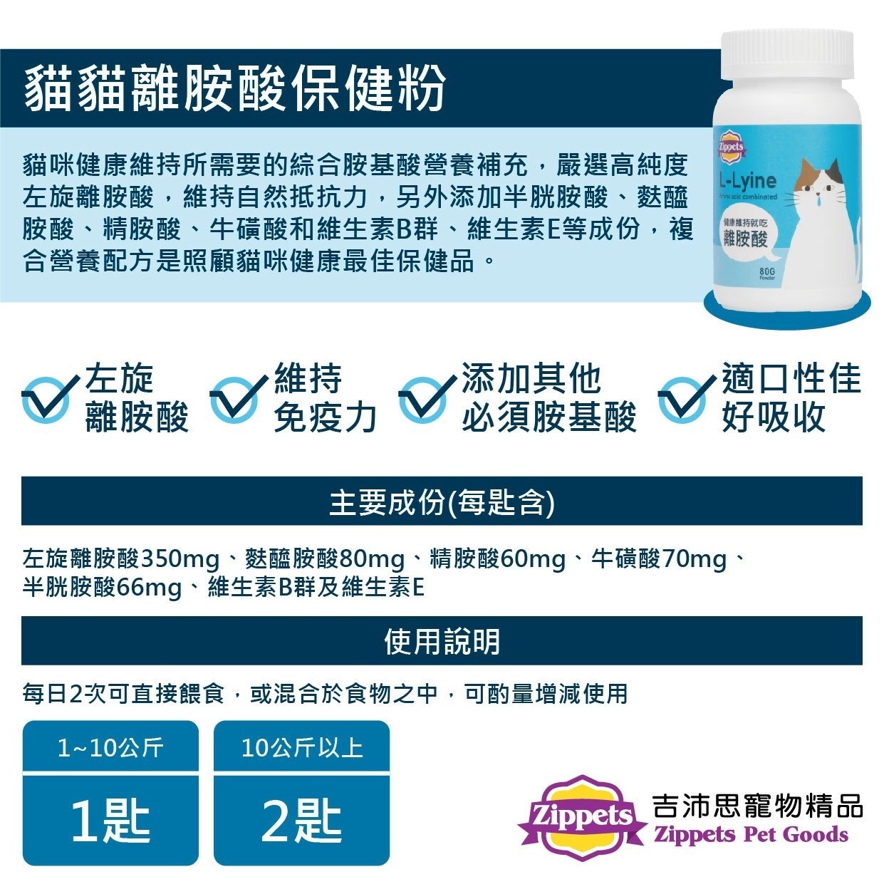 Zippets - L-Lysine & Amino Acid Supplement Podwer 80g