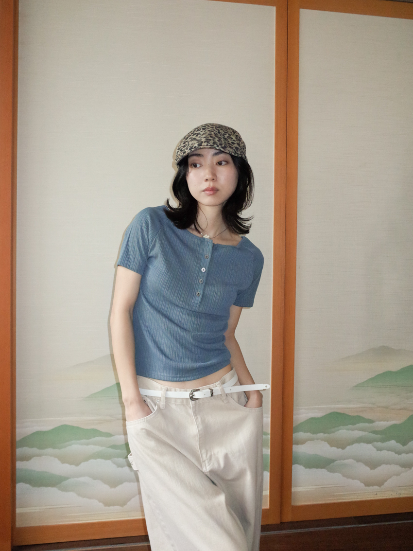 matte gloss button-up wide collar short sleeve top