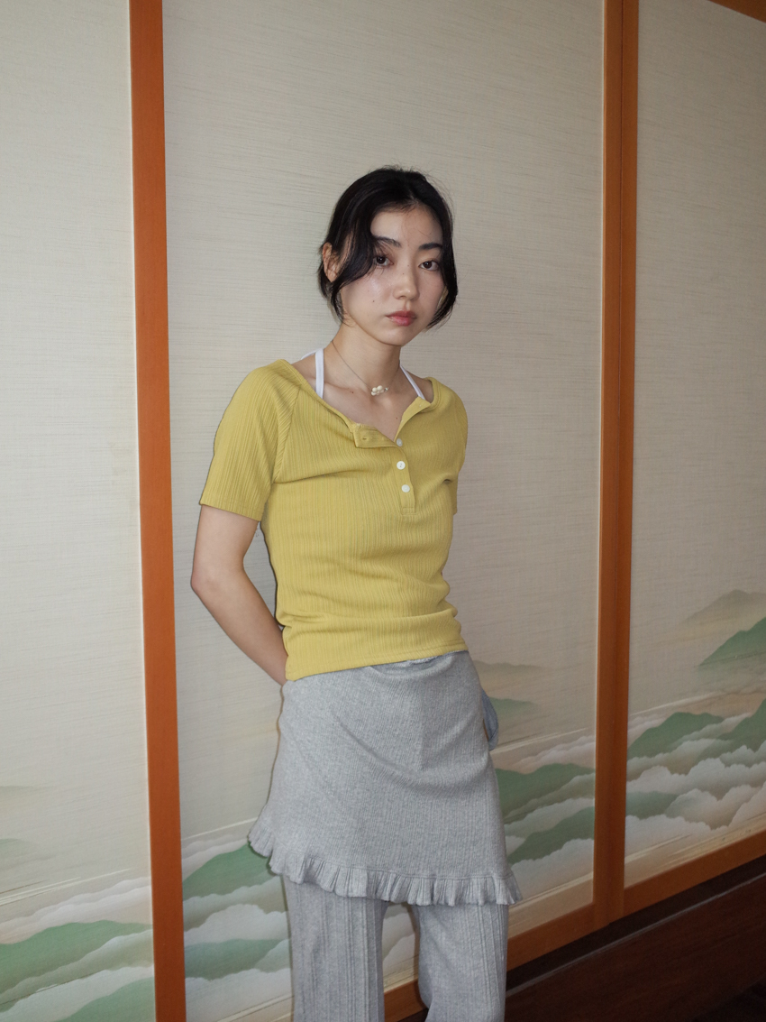 matte gloss button-up wide collar short sleeve top