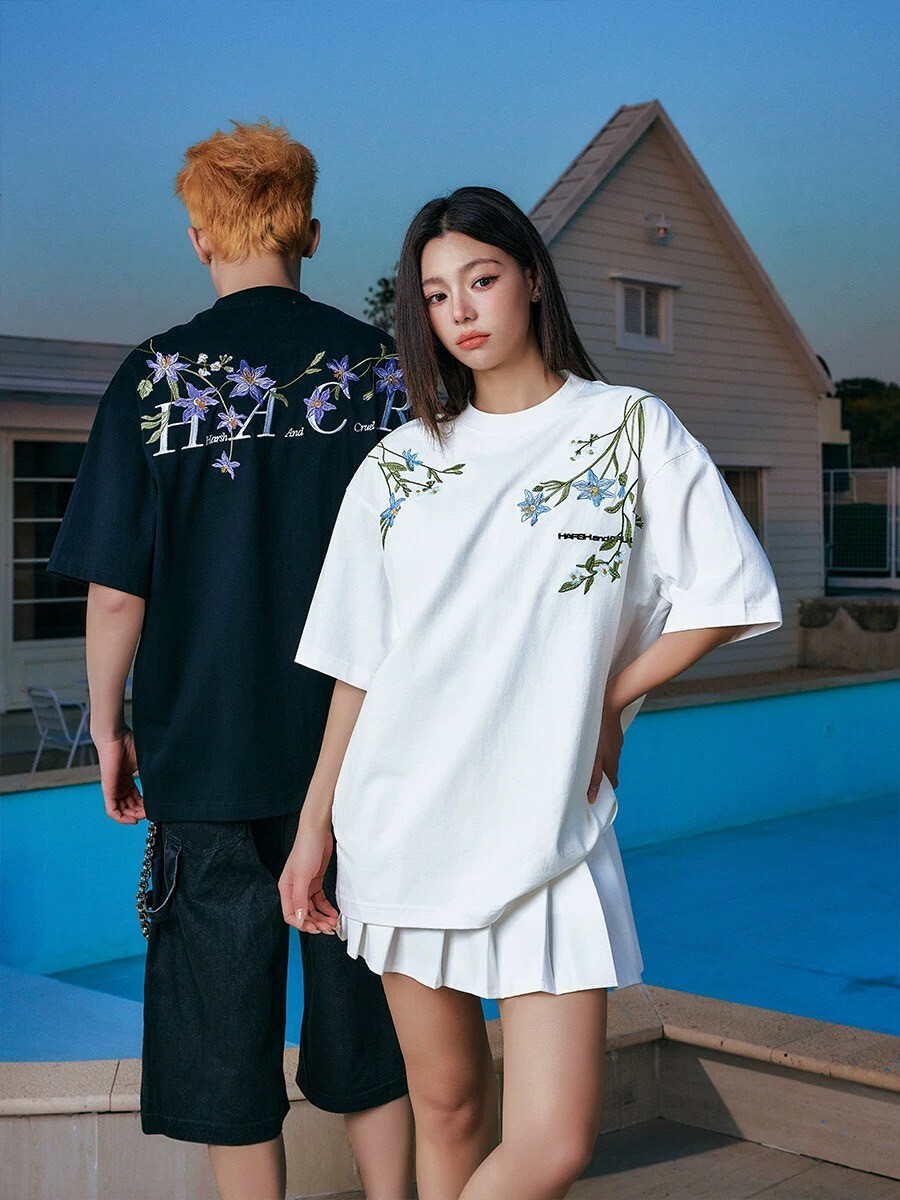 HARSHANDCRUEL 刺繡 花朵 寬鬆 上衣 #短袖