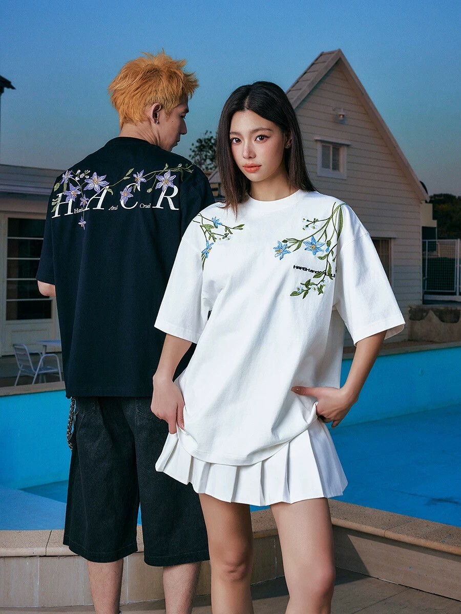 HARSHANDCRUEL 刺繡 花朵 寬鬆 上衣 #短袖