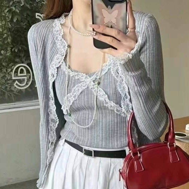 法式蕾絲開衫套裝/三色