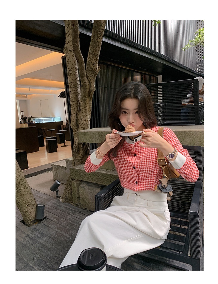 千鳥格紋 薄針織外套(紅/藍)