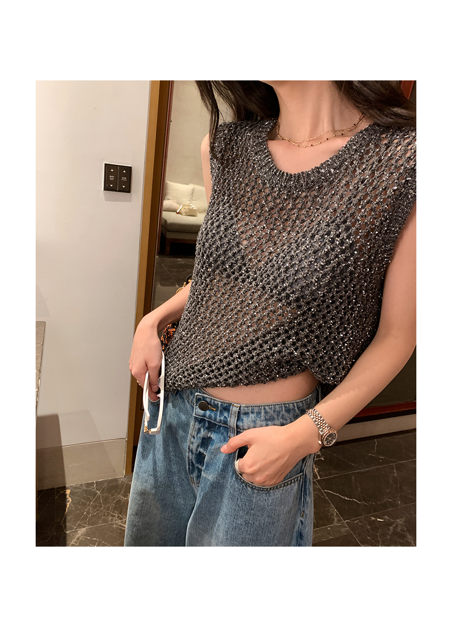 搖滾個性風 流金麻簍空背心(花灰/米白)