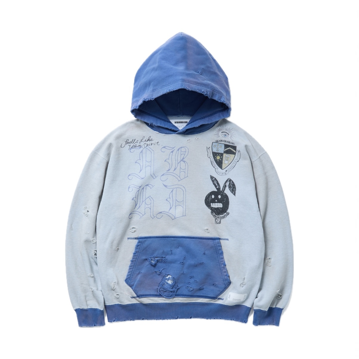 -(B4a02)-NEIGHBORHOOD SAVAGE SWEAT HOODIE LS 水洗 插圖 破壞 帽Ｔ黑色/藍色 -251OKNH-CSM02