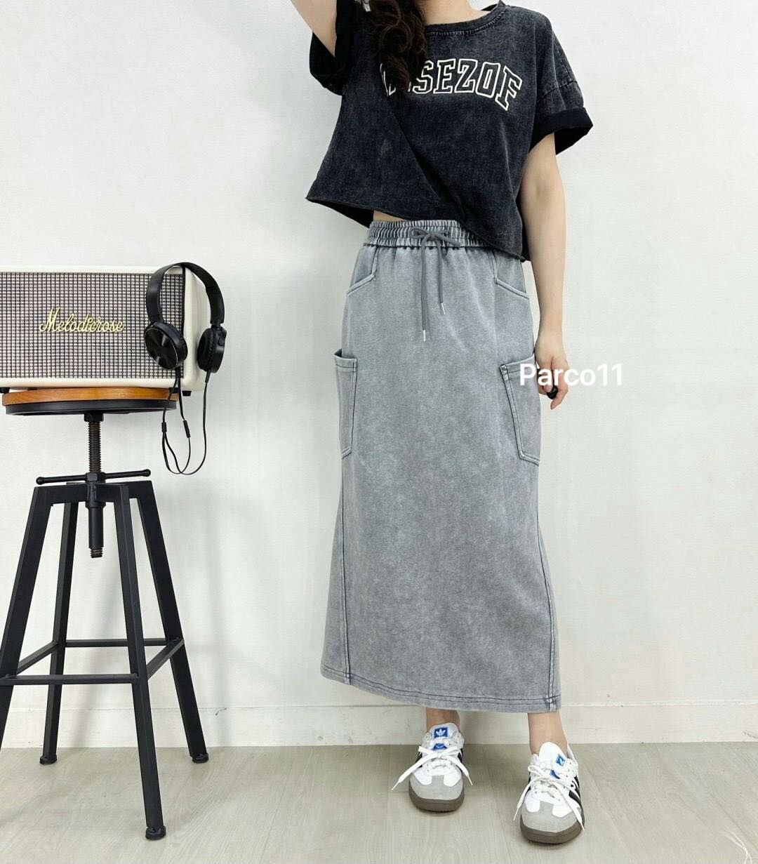 【隨性街頭風美式復古鉚釘水洗長裙】（現貨）