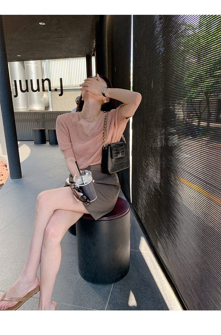 麻料薄針織 V領質感上衣(黑/皮粉/深藍)