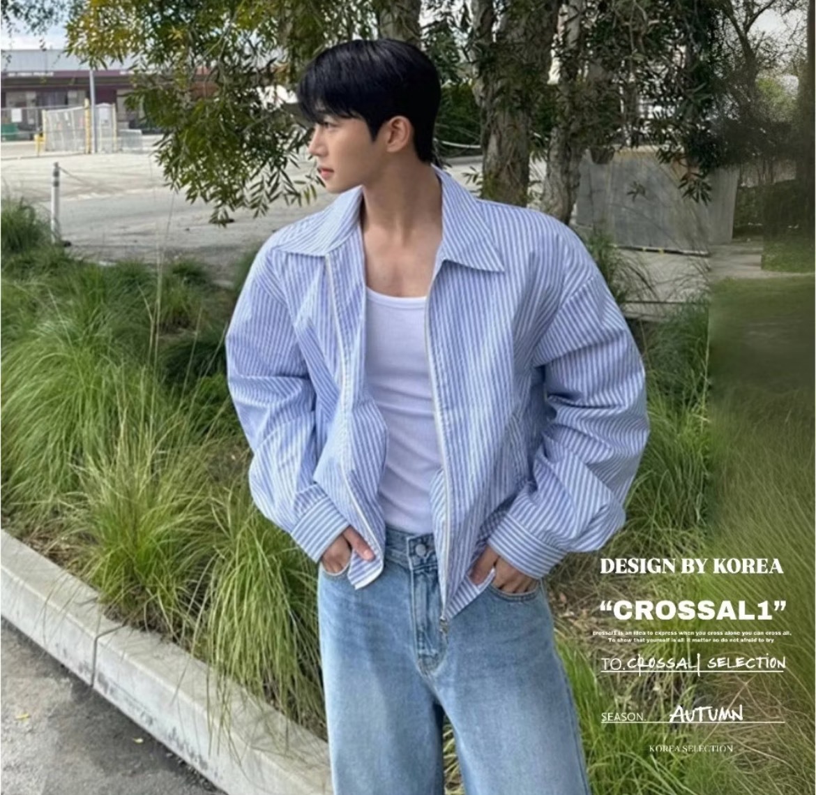 拉鍊款直條紋長袖襯衫