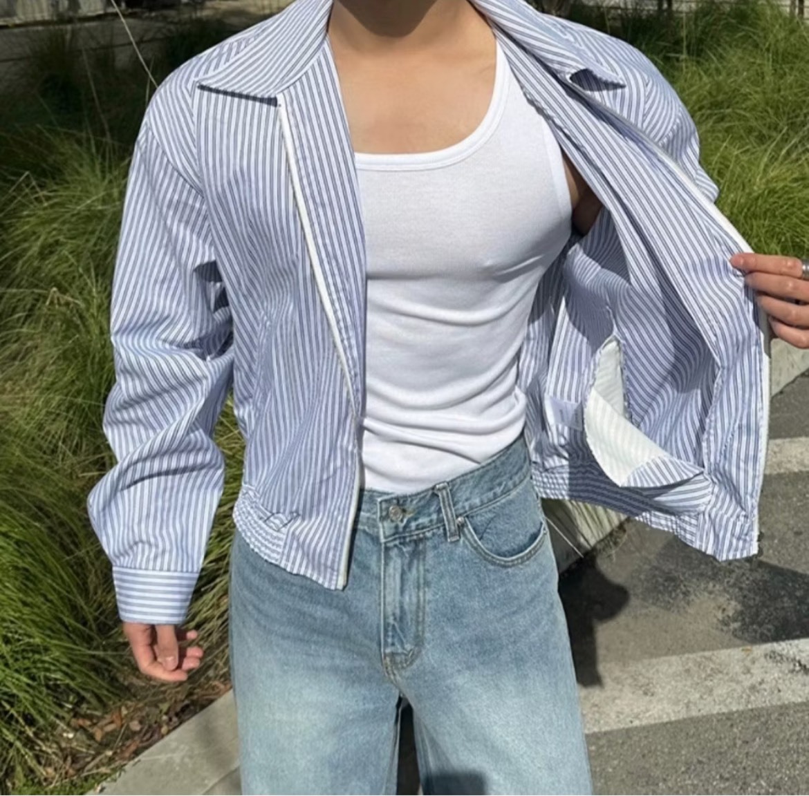 拉鍊款直條紋長袖襯衫