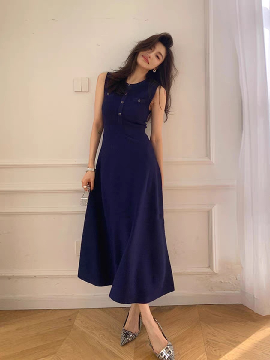 氣質簡約收腰長洋裝(杏/深藍)