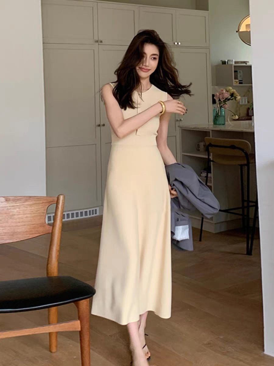 氣質簡約收腰長洋裝(杏/深藍)