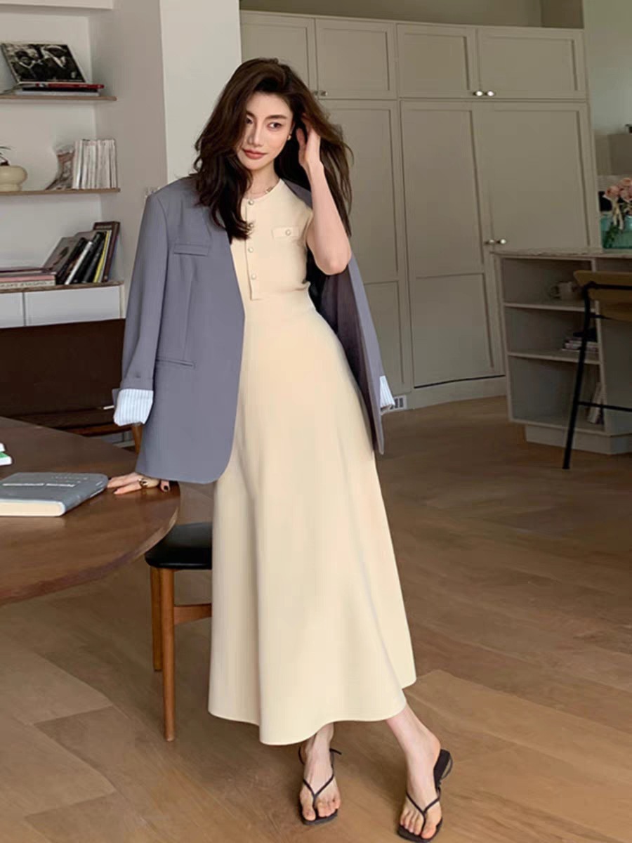 氣質簡約收腰長洋裝(杏/深藍)