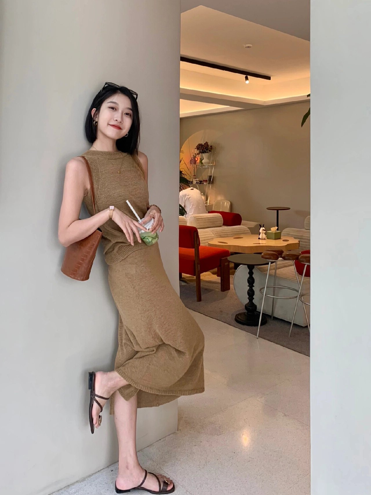 高級感駝色薄針織套裝裙(2件組)