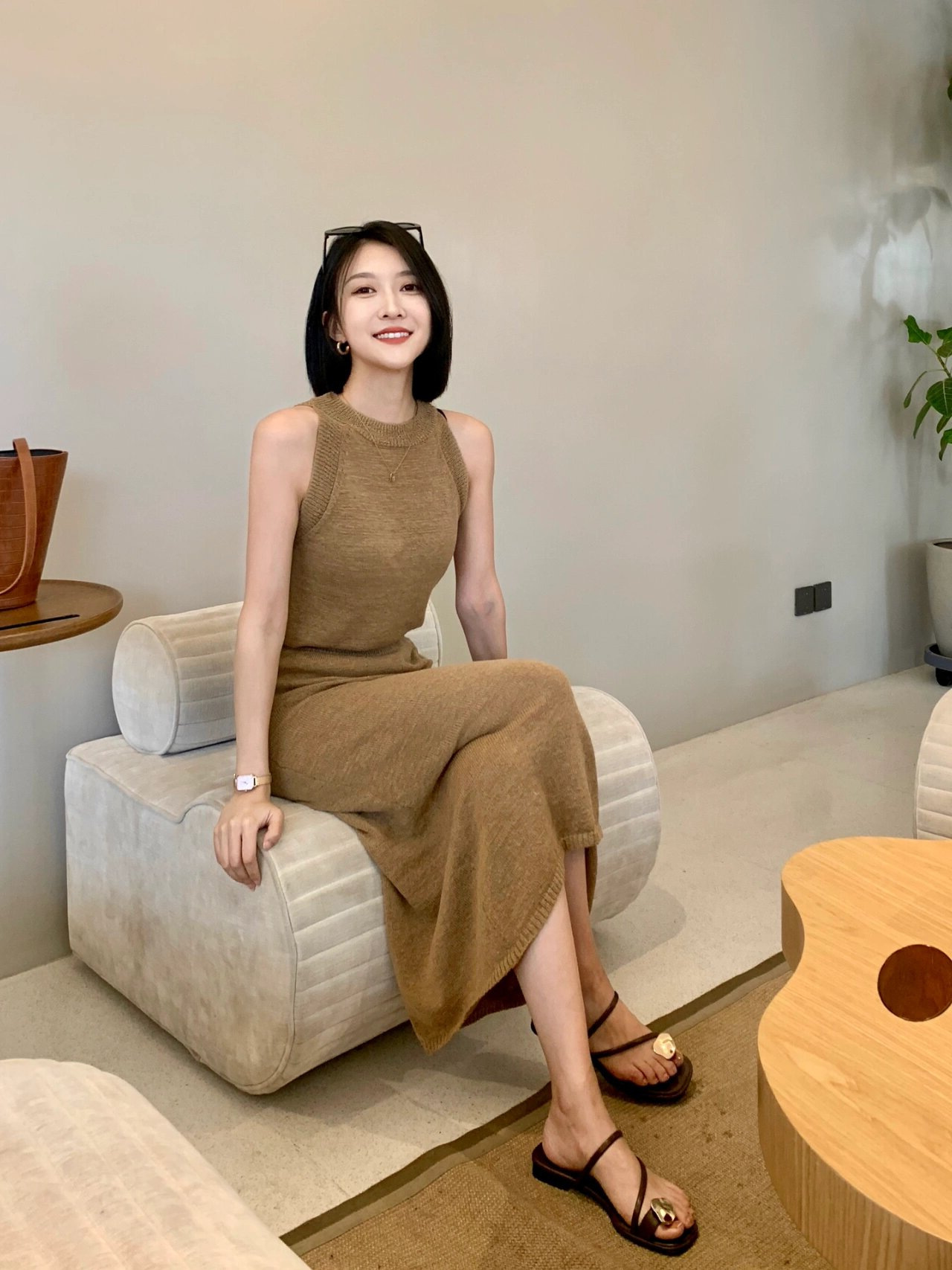 高級感駝色薄針織套裝裙(2件組)