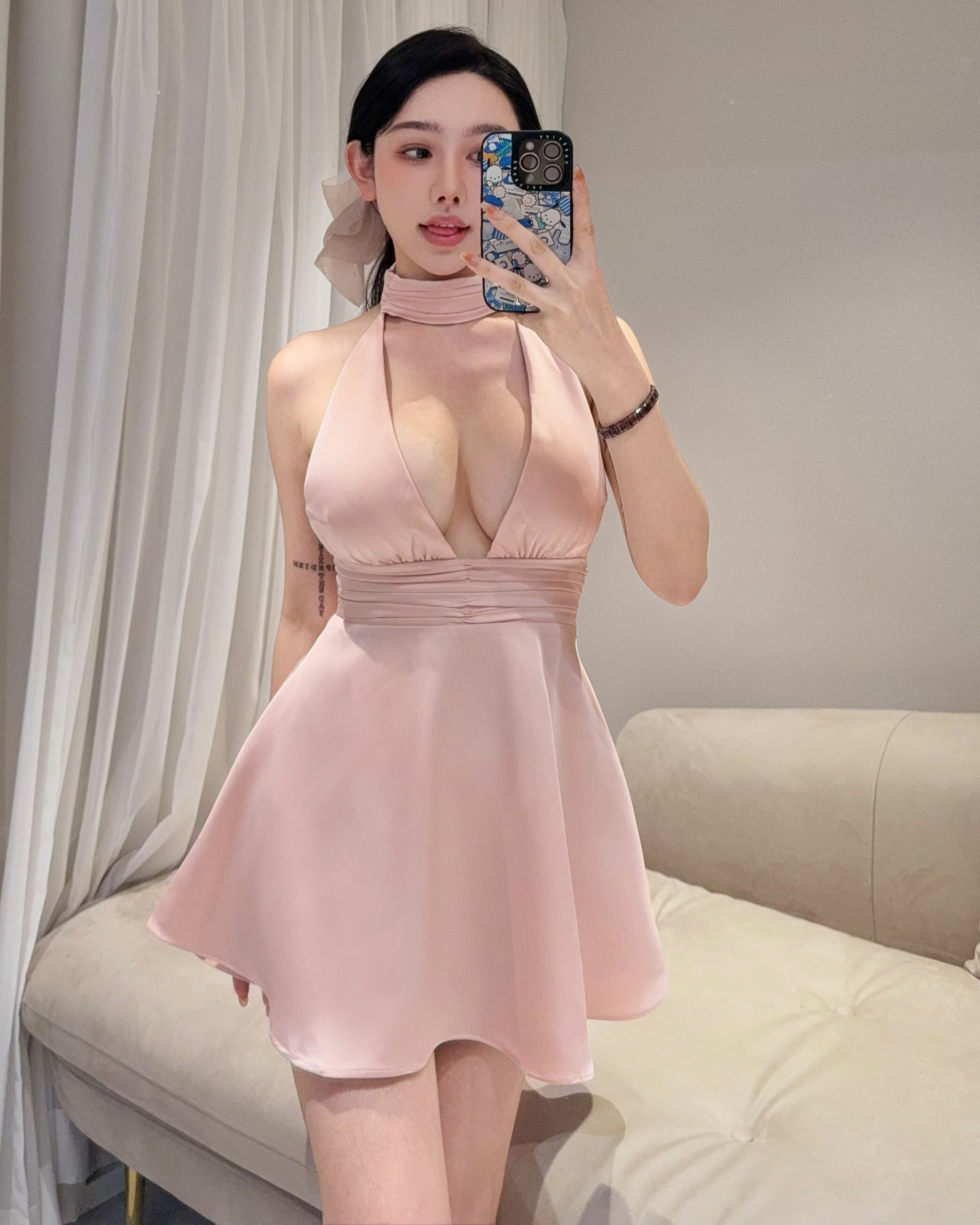 訂製-性感削肩低胸緞面傘洋