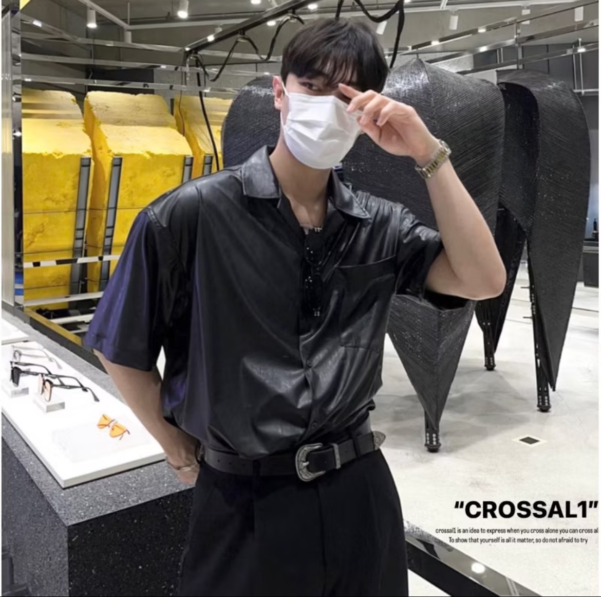 皮革古巴領短袖襯衫