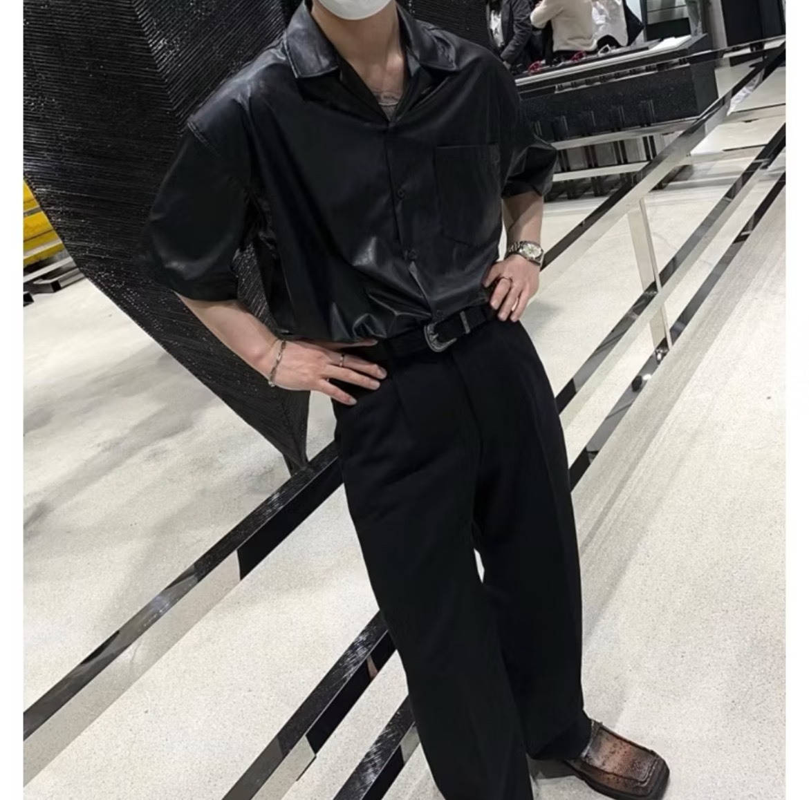 皮革古巴領短袖襯衫