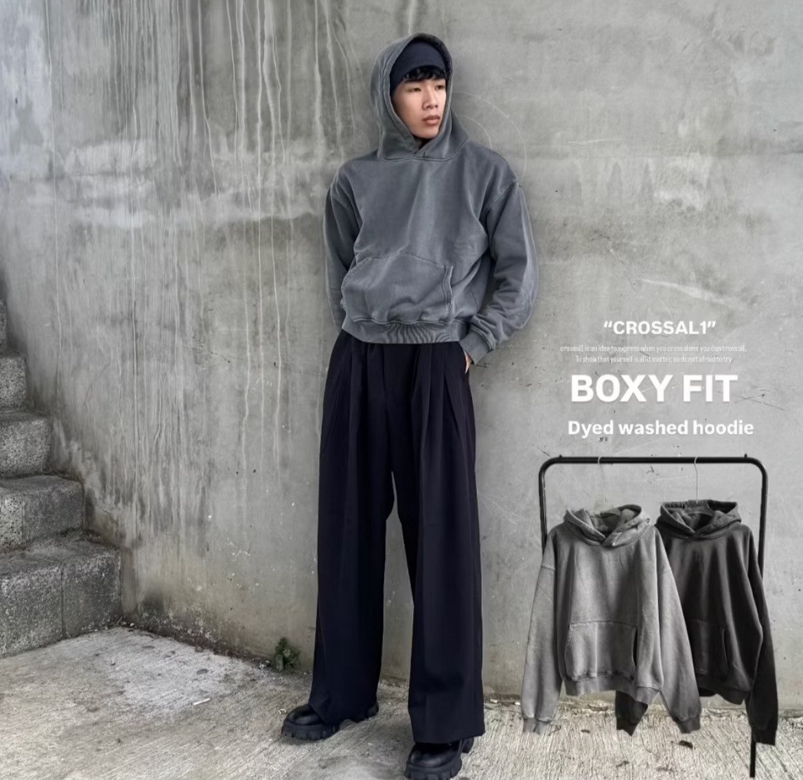 BOXY FIT短版 水洗素面帽T