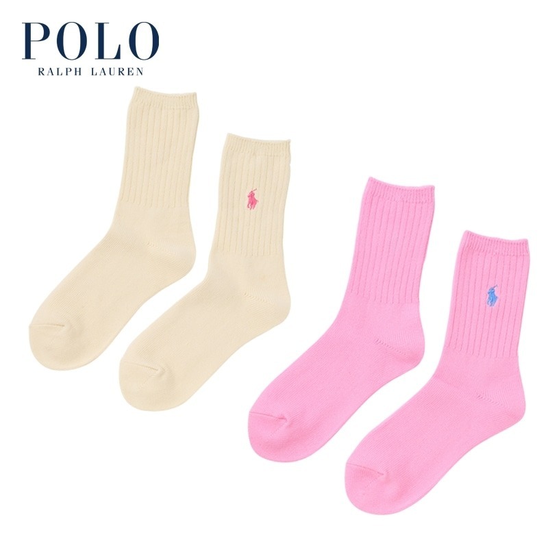 現貨┃日本店鋪限定 POLO RALPH LAUREN SOCKS 長襪 羅紋 刺繡 兩雙一組 粉紅色 米色