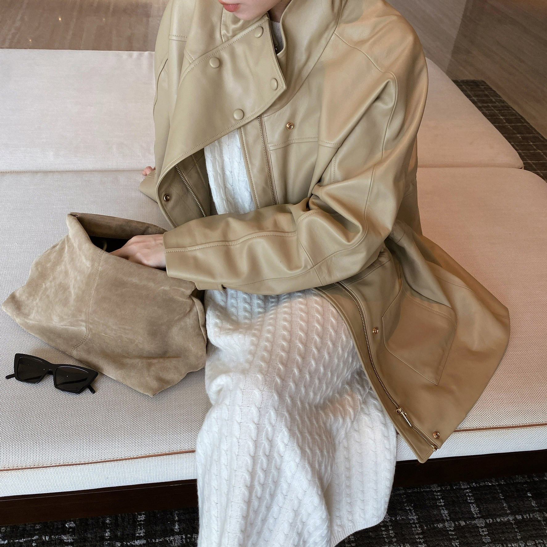 奶茶杏全羊皮立領拉鍊工裝皮外套皮衣S-L (Elegant & Love)