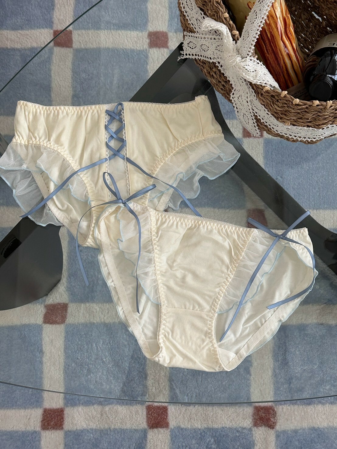 藍色珍珠音調🎶網紗木耳邊藍色絲帶小褲