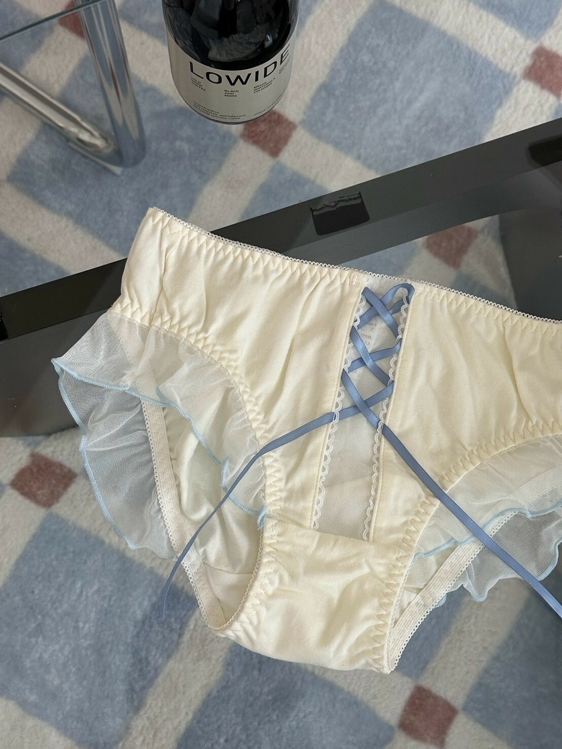 藍色珍珠音調🎶網紗木耳邊藍色絲帶小褲