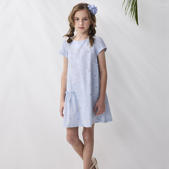 PIPPY 復古滿版印花不對稱特殊剪接洋裝 藍