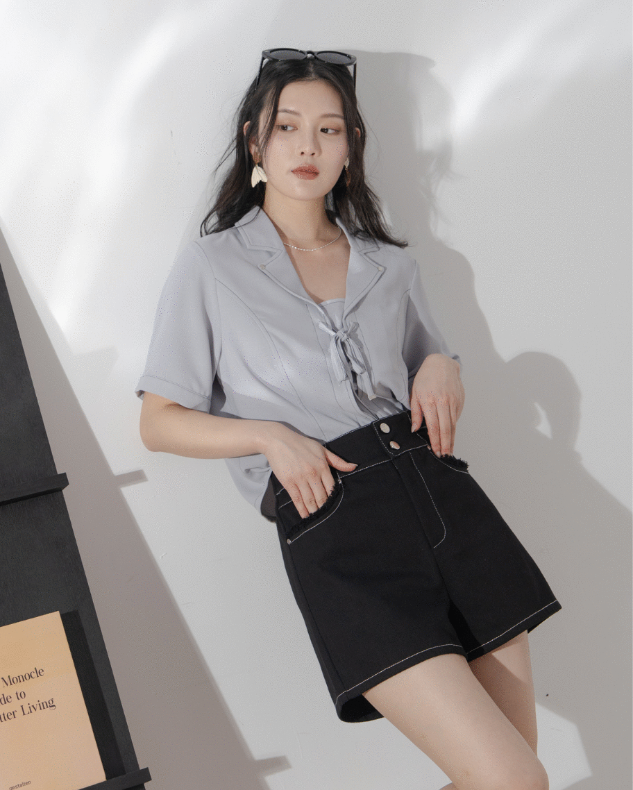 高腰重磅水洗口袋抽鬚短褲