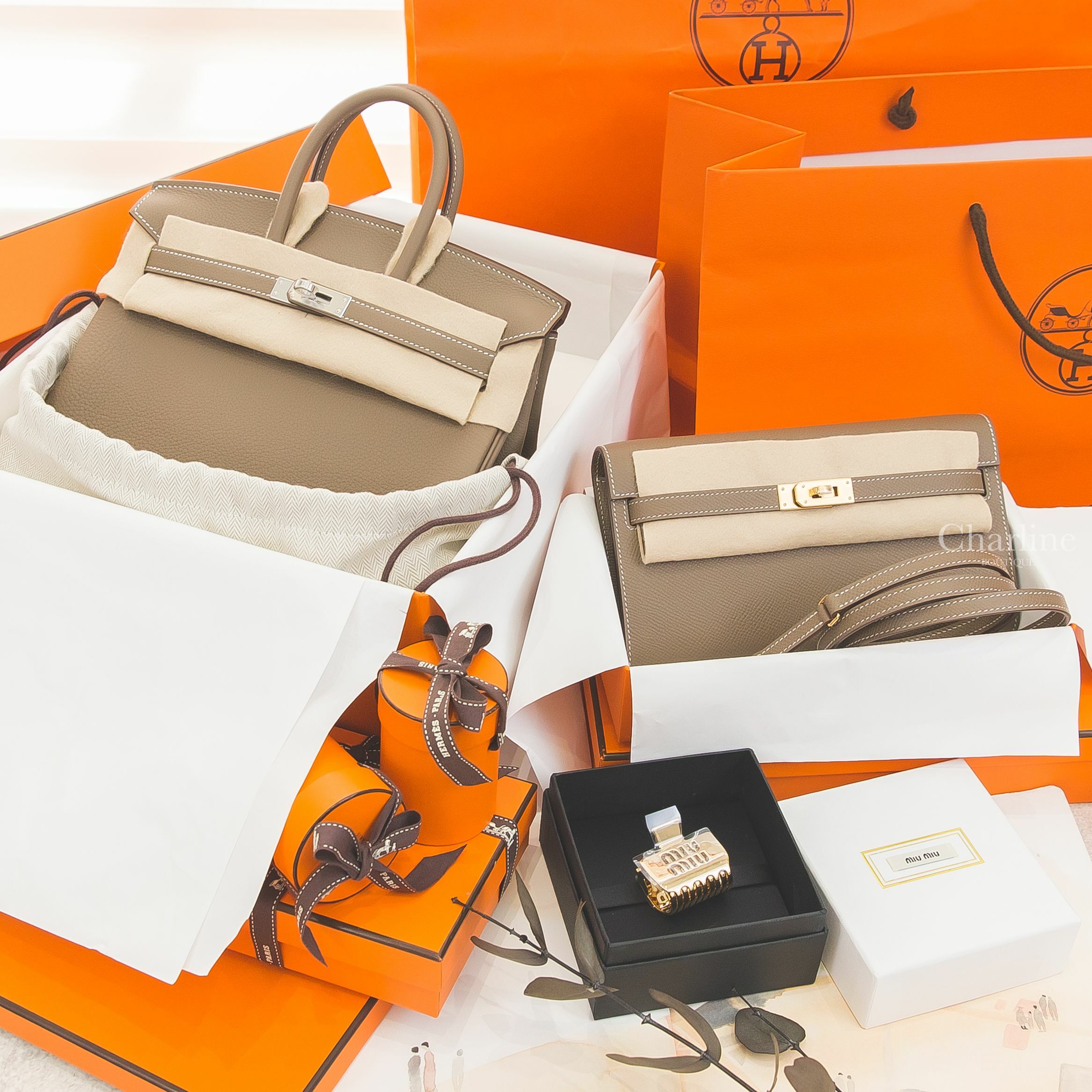 Hermès Birkin 25cm 大象灰銀釦,Hermès Kelly To Go 大象灰金釦,Miu Miu 金色簍空字母髮夾-Charline Boutique 精品代購