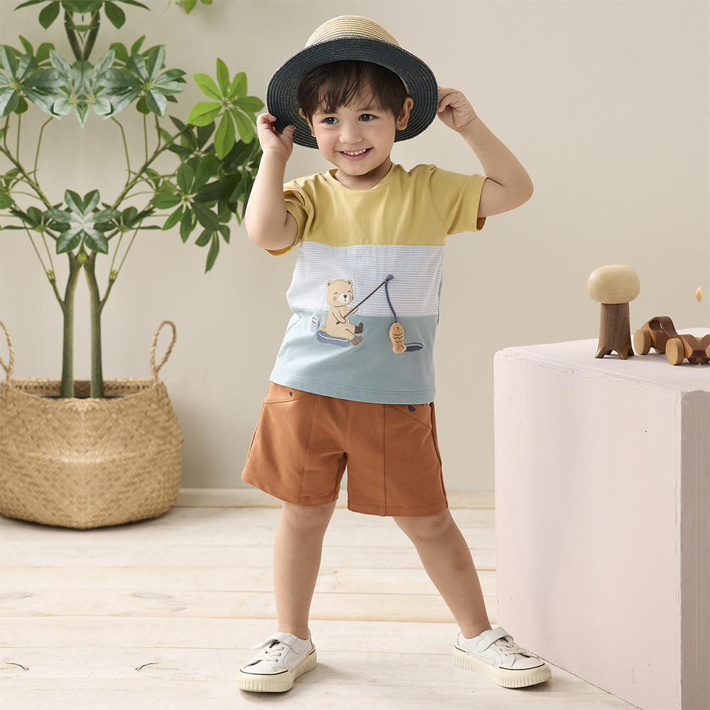 PIPPY悠閒小熊釣魚短袖上衣 黃