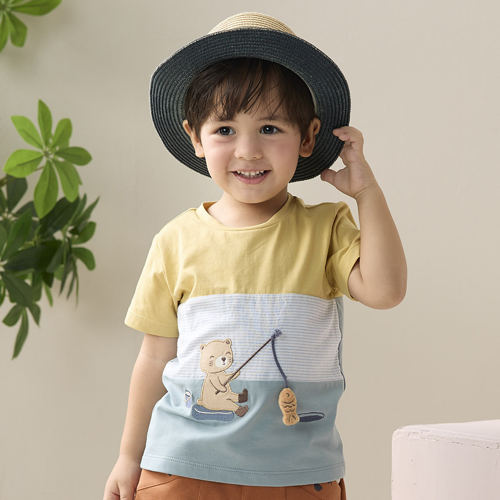 PIPPY悠閒小熊釣魚短袖上衣 黃