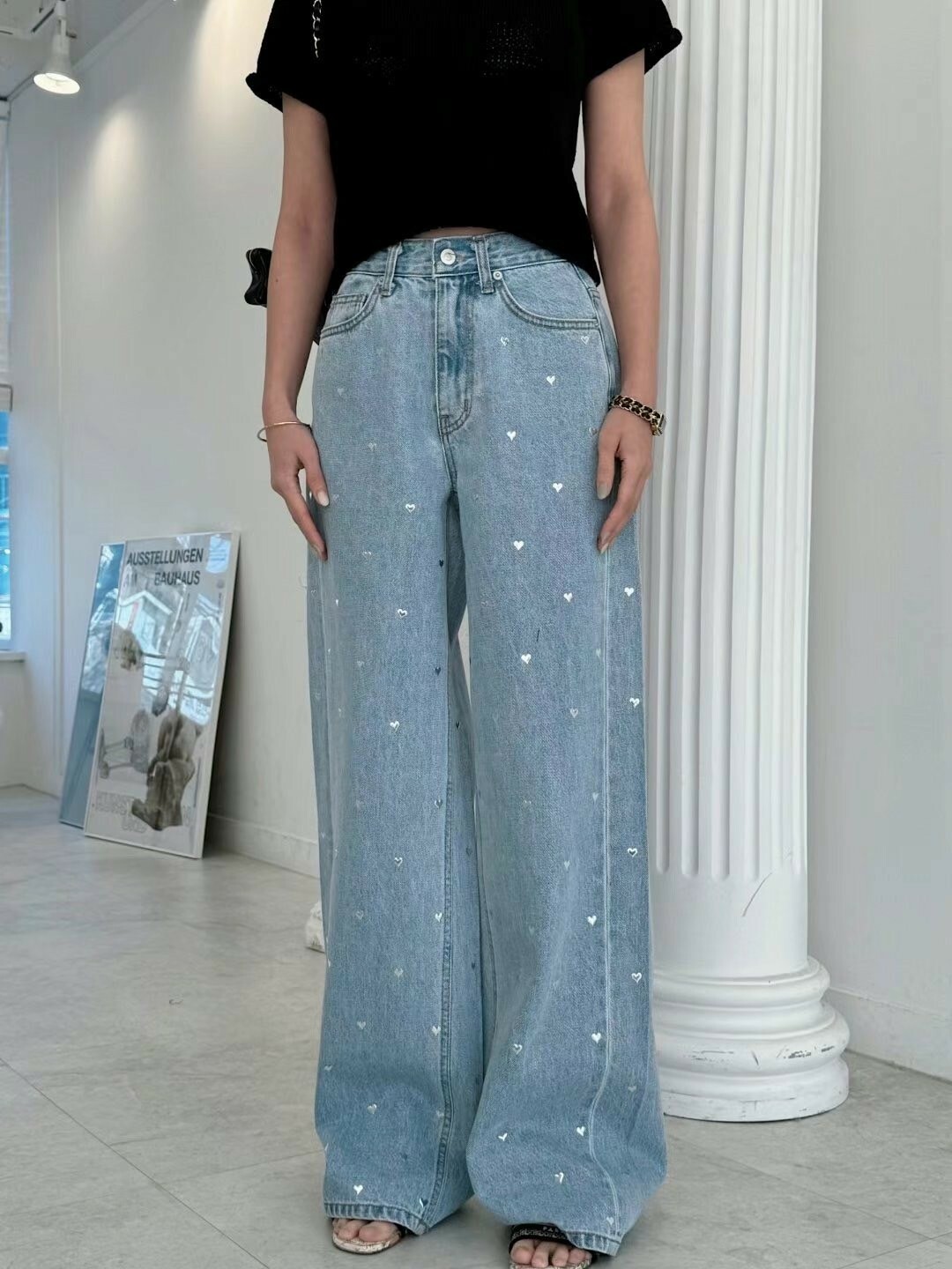 時髦高腰愛心牛仔褲