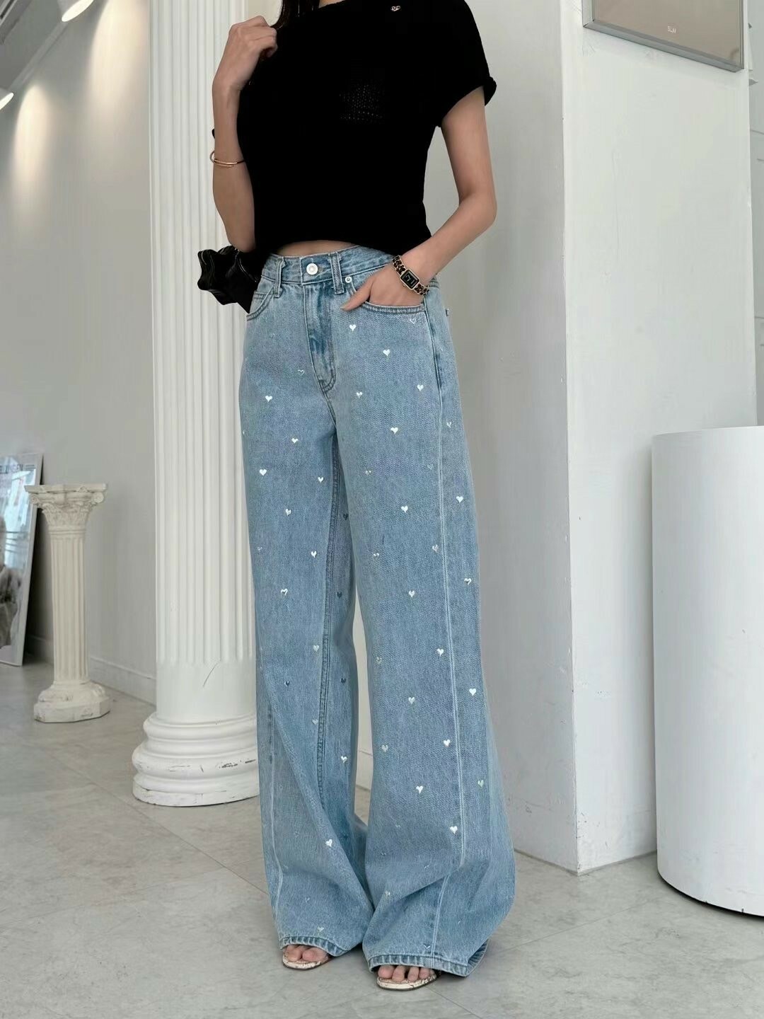 時髦高腰愛心牛仔褲