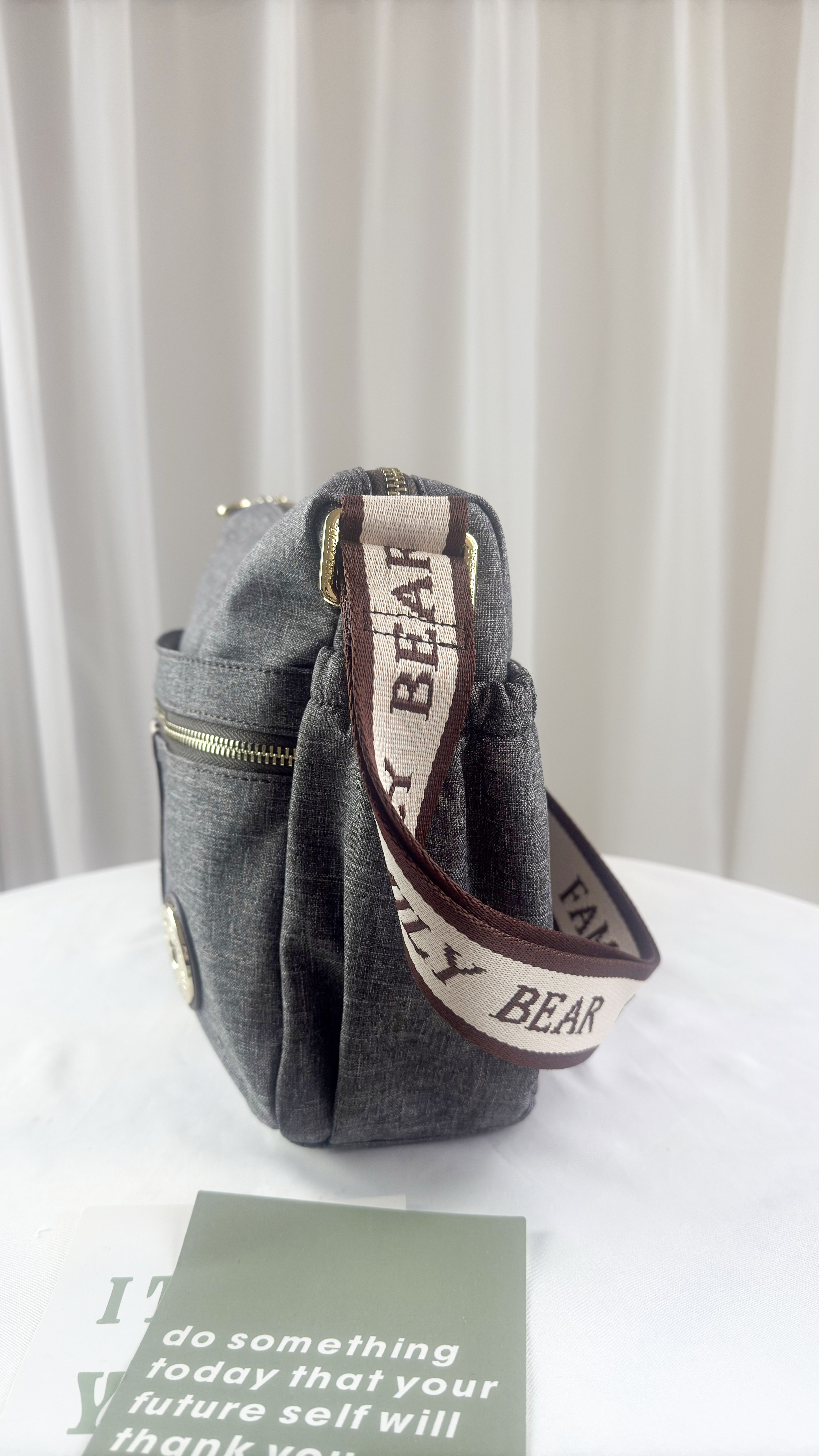 FamilyBear 織帶灰配咖防潑水側背包 附兔兔吊飾  #2860