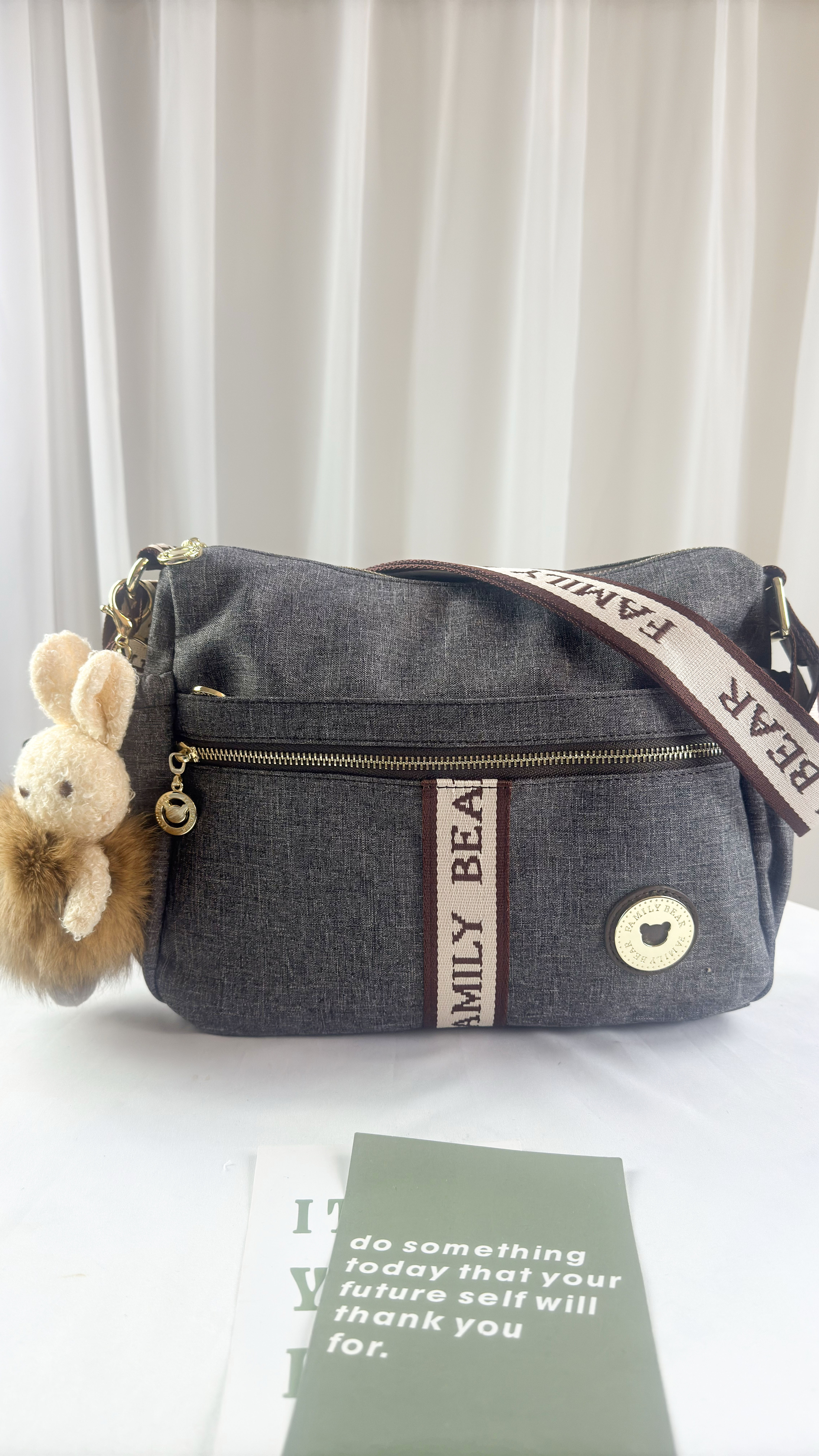 FamilyBear 織帶灰配咖防潑水側背包 附兔兔吊飾  #2860