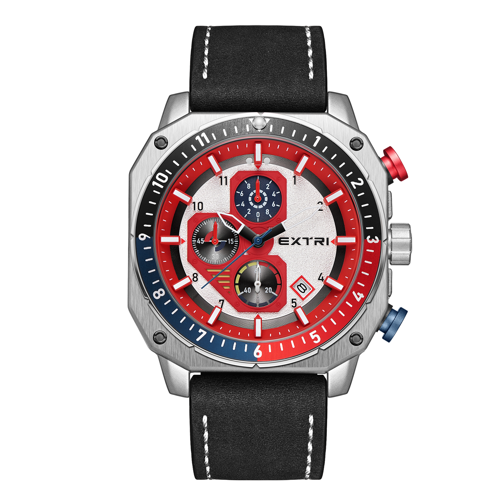 【EXTRI】X6073 潮流 八角 三眼 計時 日期顯示 皮革錶帶 男款 手錶
