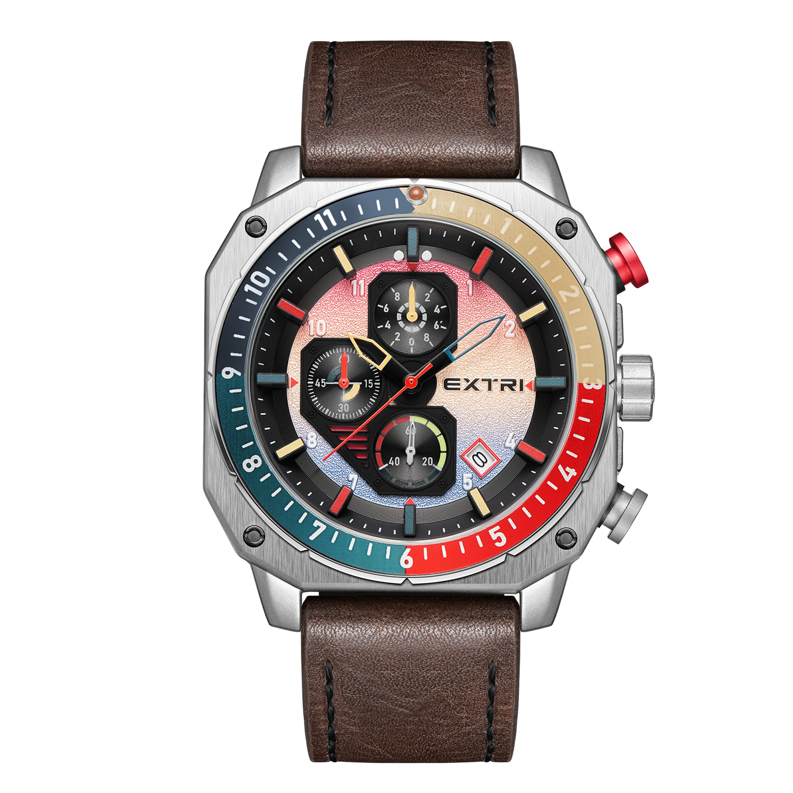 【EXTRI】X6073 潮流 八角 三眼 計時 日期顯示 皮革錶帶 男款 手錶
