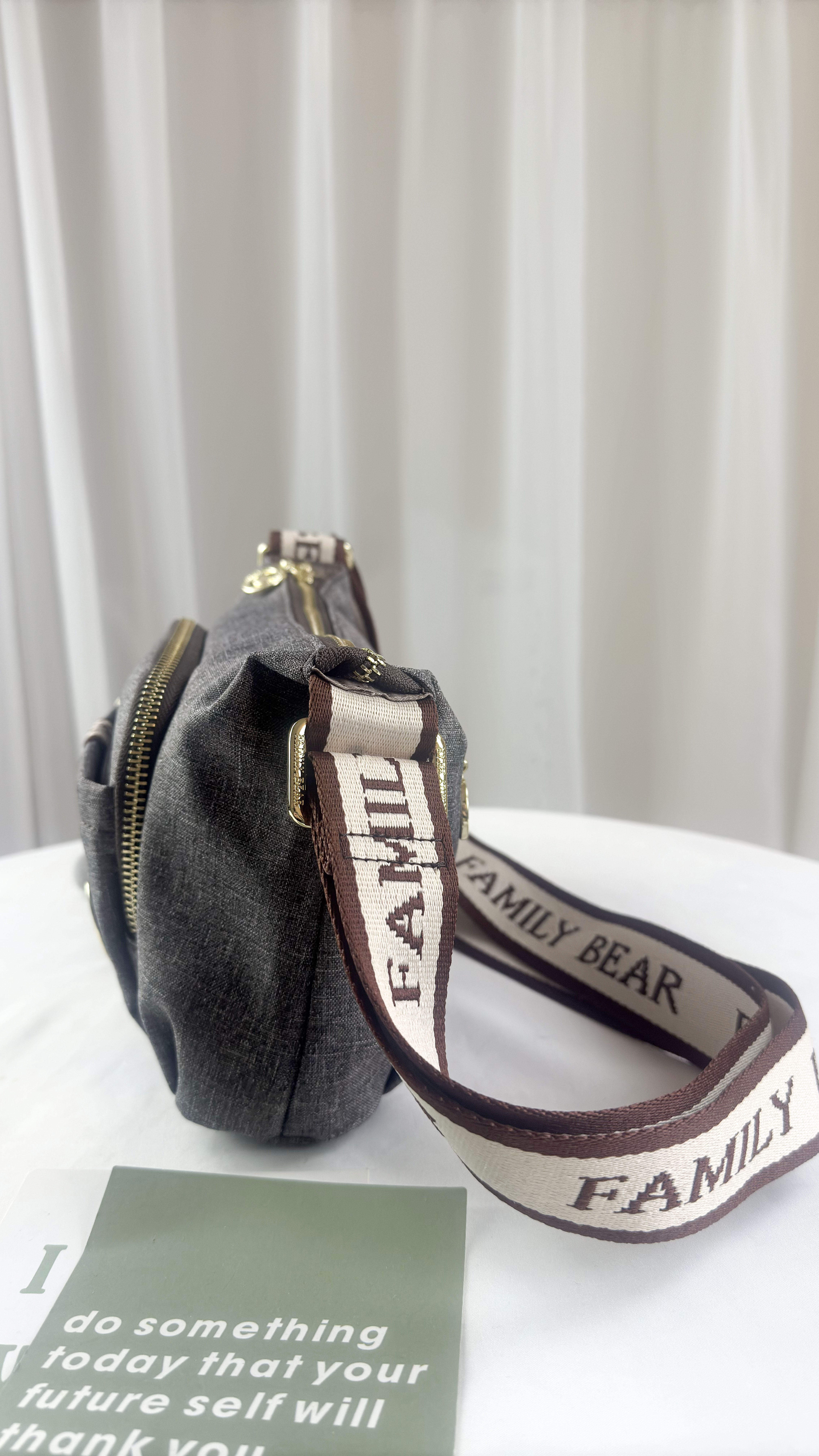 FamilyBear 織帶灰配咖防潑水側背包 附吊飾 #2683